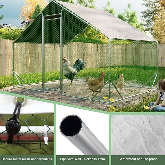 Large Chicken Coop,Metal Chicken Run for Yard with Door,Outdoor Galvanized Wire Poultry Chicken House with Waterproof and Anti-UV Cover,Duck Rabbit Cage (10' L x 6.6' W x 6.56' H)