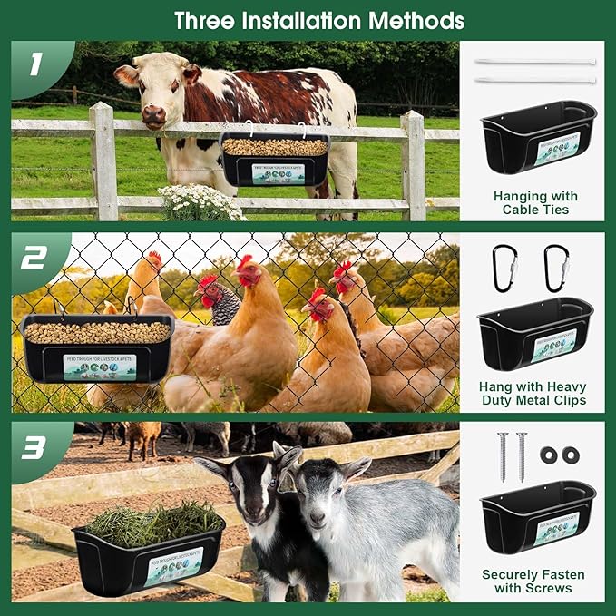 2 Pack Chicken Duck Feeder, Poultry Feeders and Waterers, Hanging Goat Feeder, Livestock Feeding Container, Feed Trough and Waterer Bucket with Clips(Black)