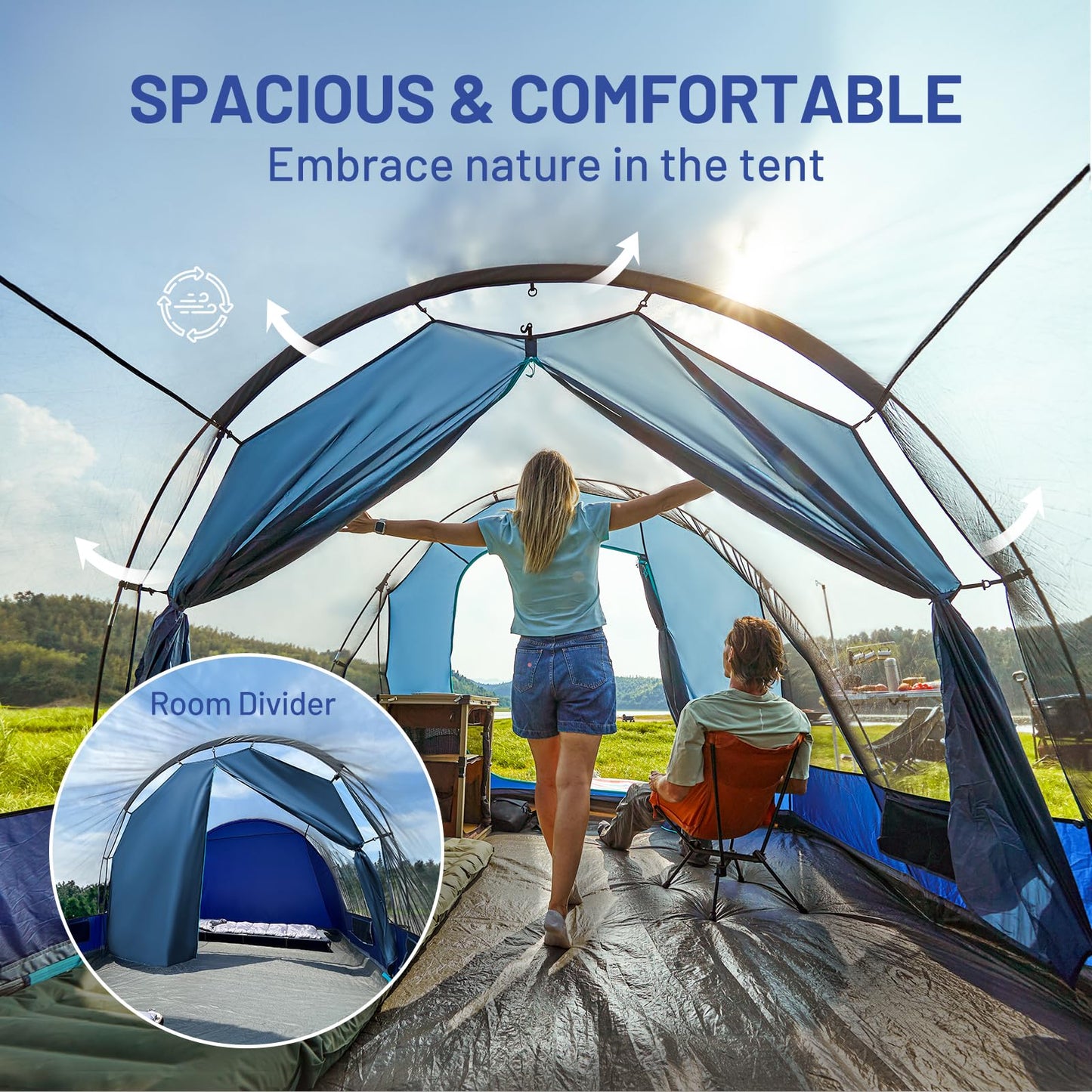 TIMBER RIDGE 8 Person Camping Tent with Large Porch, Portable Waterproof Windproof Family Tent with Rainfly Carry Bag Room Divider, Easy Set-up Tent with Excellent Ventilation for Camping, 3 Season