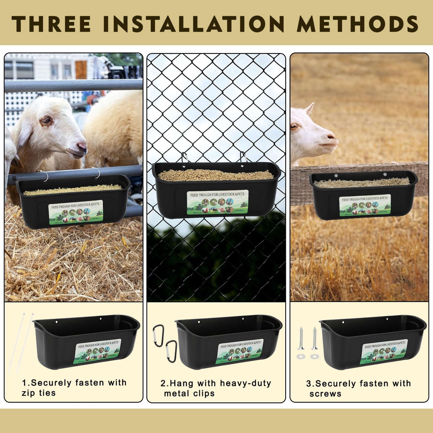 6 Pack Fence Feed Feeder 4.5 Quart Hanging Chicken Feeder Trough with Brush & Scoop Black Goat Hanging Fence Feeders Feeder with Hooks Screws & Zip Tie for Livestock Feeding Container Goats Supplies