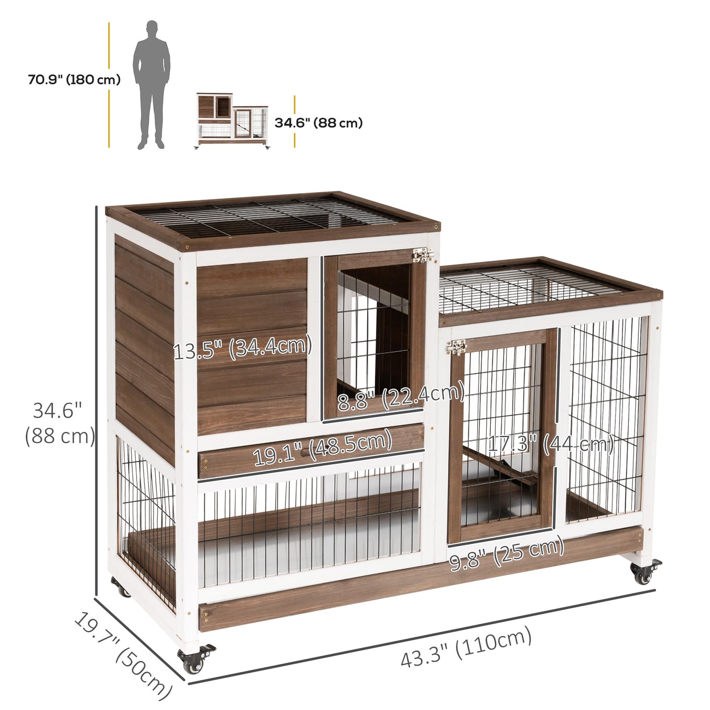 PawHut Wooden Rabbit Hutch Elevated Bunny Cage Indoor Small Animal Habitat with Enclosed Run with Wheels, Ramp, Removable Tray Ideal for Guinea Pigs, Brown