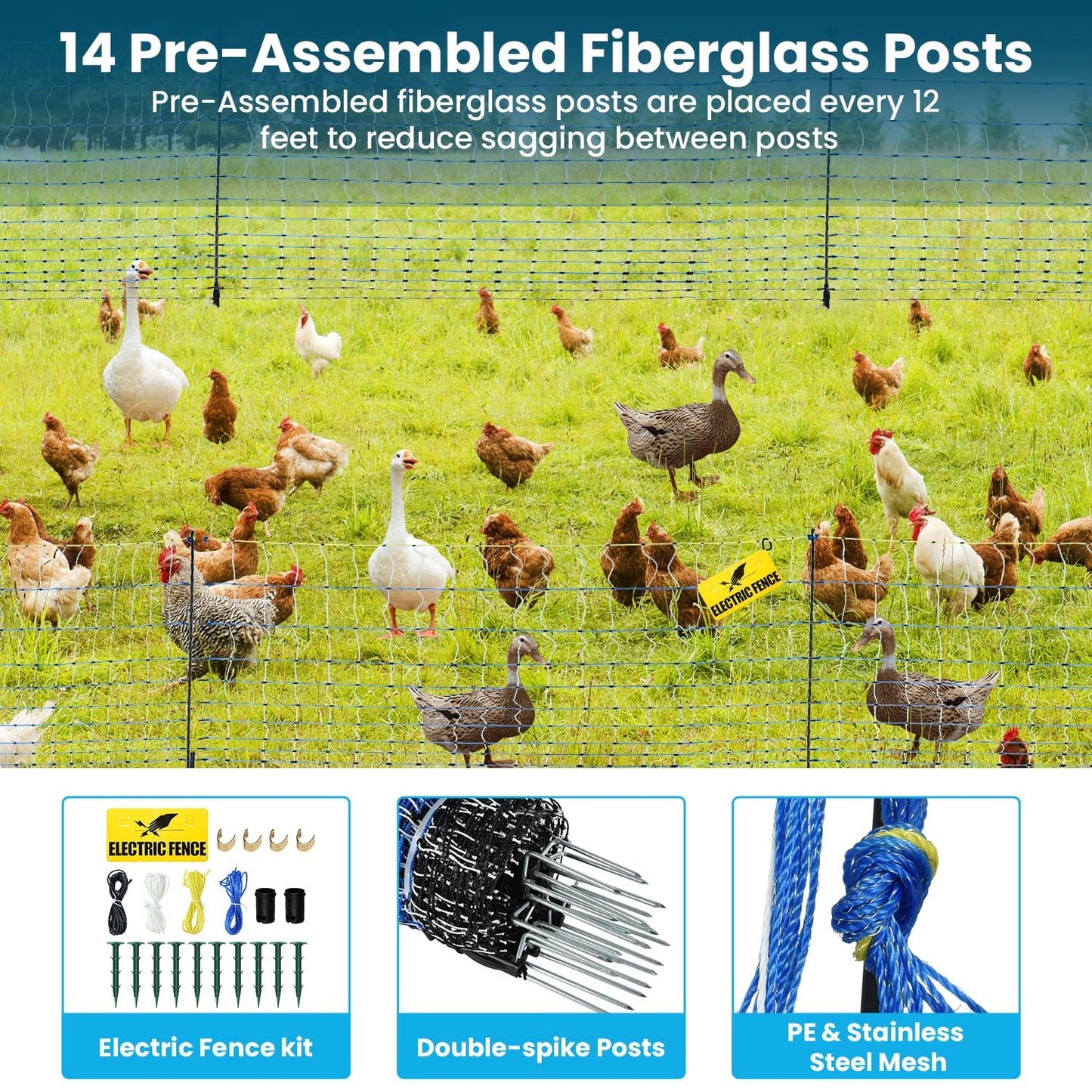 Electric Poultry Netting, 47.2" H x 164'L Electric Chicken Fence, Portable Chicken Fence with Double Spiked Fiberglass Posts for Chickens, Ducks,Turkeys, Sheep, Geese in Yard, Farms,Backyards, Garden