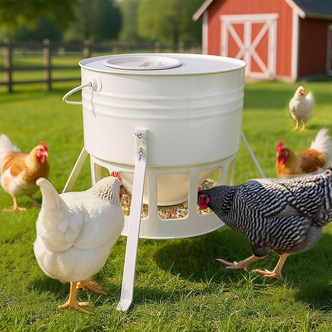 KOL Metal Chicken Feeder - 20lbs Ground Poultry Feeder with 12 Ports, Powder Coated Rust-Proof Design & Smooth Edges for Safe Feeding (Jade White)