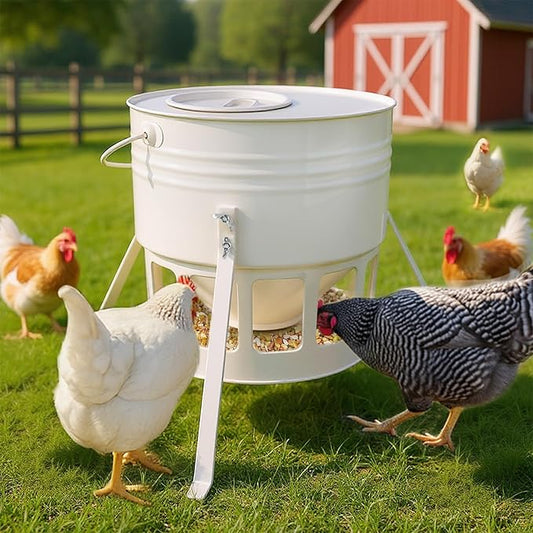 KOL Metal Chicken Feeder - 20lbs Ground Poultry Feeder with 12 Ports, Powder Coated Rust-Proof Design & Smooth Edges for Safe Feeding (Jade White)