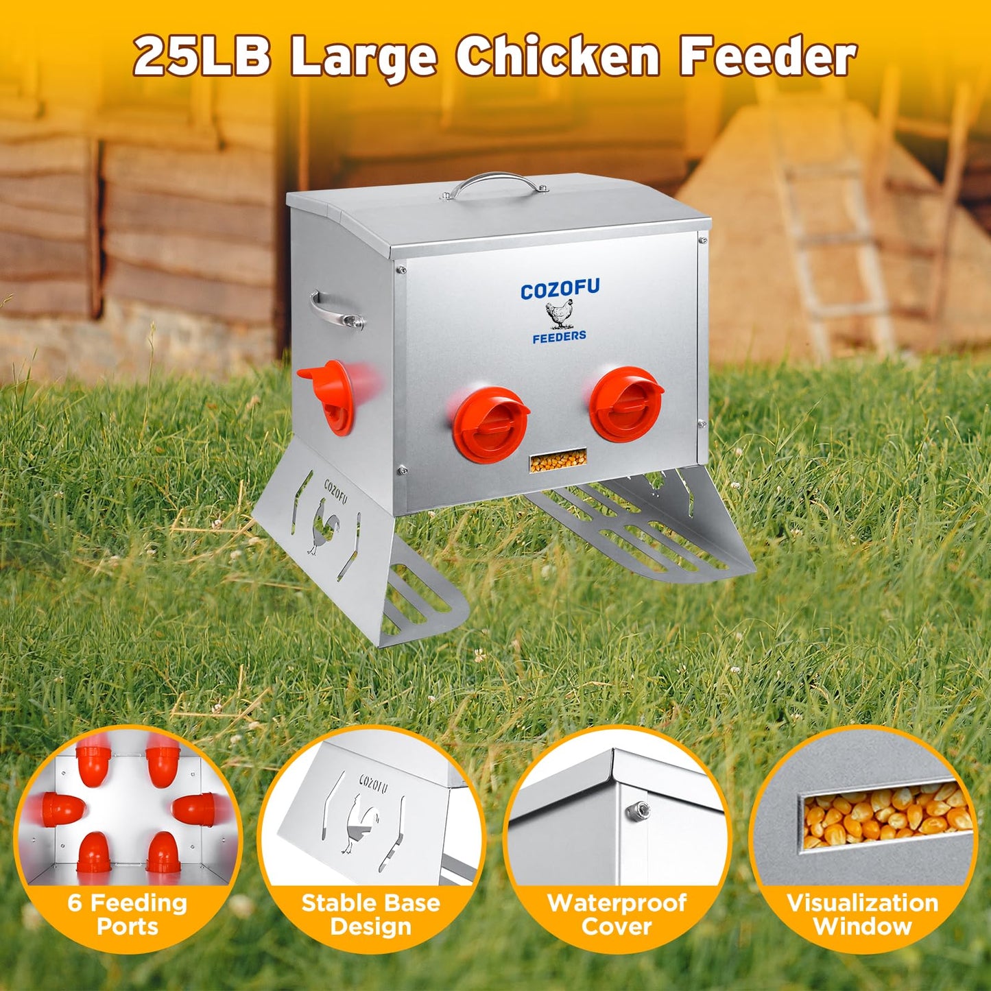 COZOFU 25 Pounds Automatic Chicken Feeder 6 Ports Large Gravity Fed Chicken Feeder with Transparent Window & Handle for Chickens Bantams Pheasants Poultry Coop Weatherproof