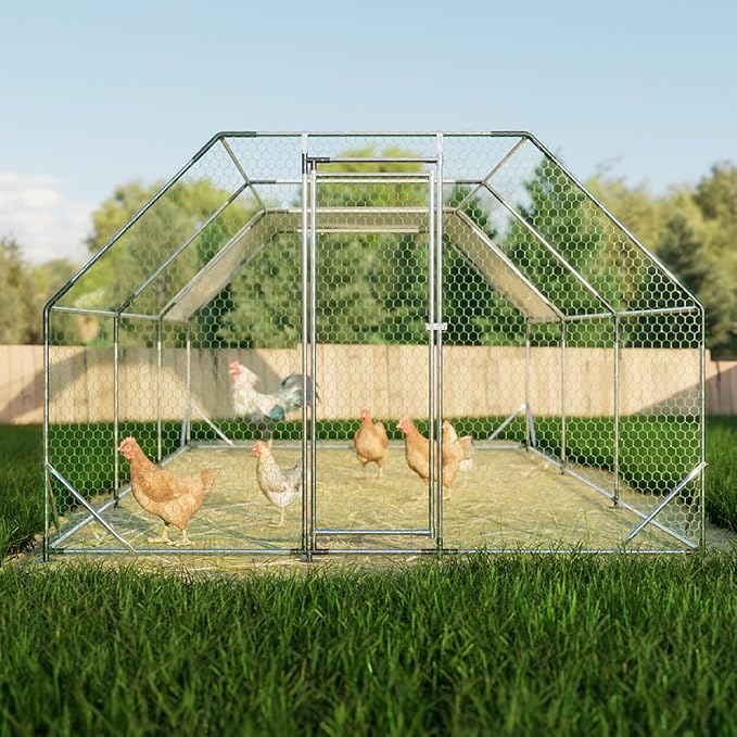 Large Metal Chicken Coop,10x20x6.36 ft Walk-in Chicken Runs for Yard with Waterproof Cover, Flat Shaped Chicken House with Door for Outdoor and Backyard, Farm, Duck Rabbit Cage