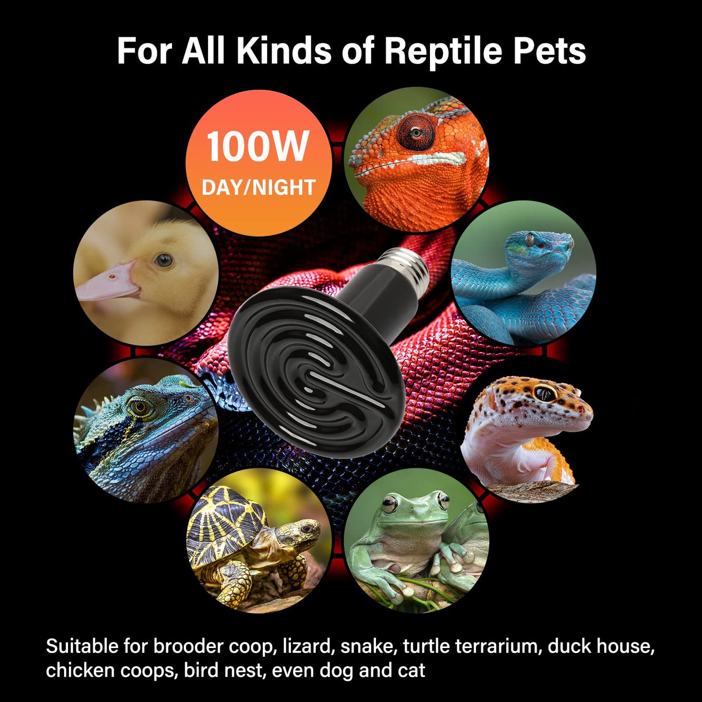 HealSmart Reptile Heat Lamp 100W 2-Pack Ceramic Heat Emitter, No Light Emitting Infrared Heat Bulbs for Amphibian Pet Brooder Coop Incubating Chicken, Lizard Bearded Dragon Turtle Snake Terrarium