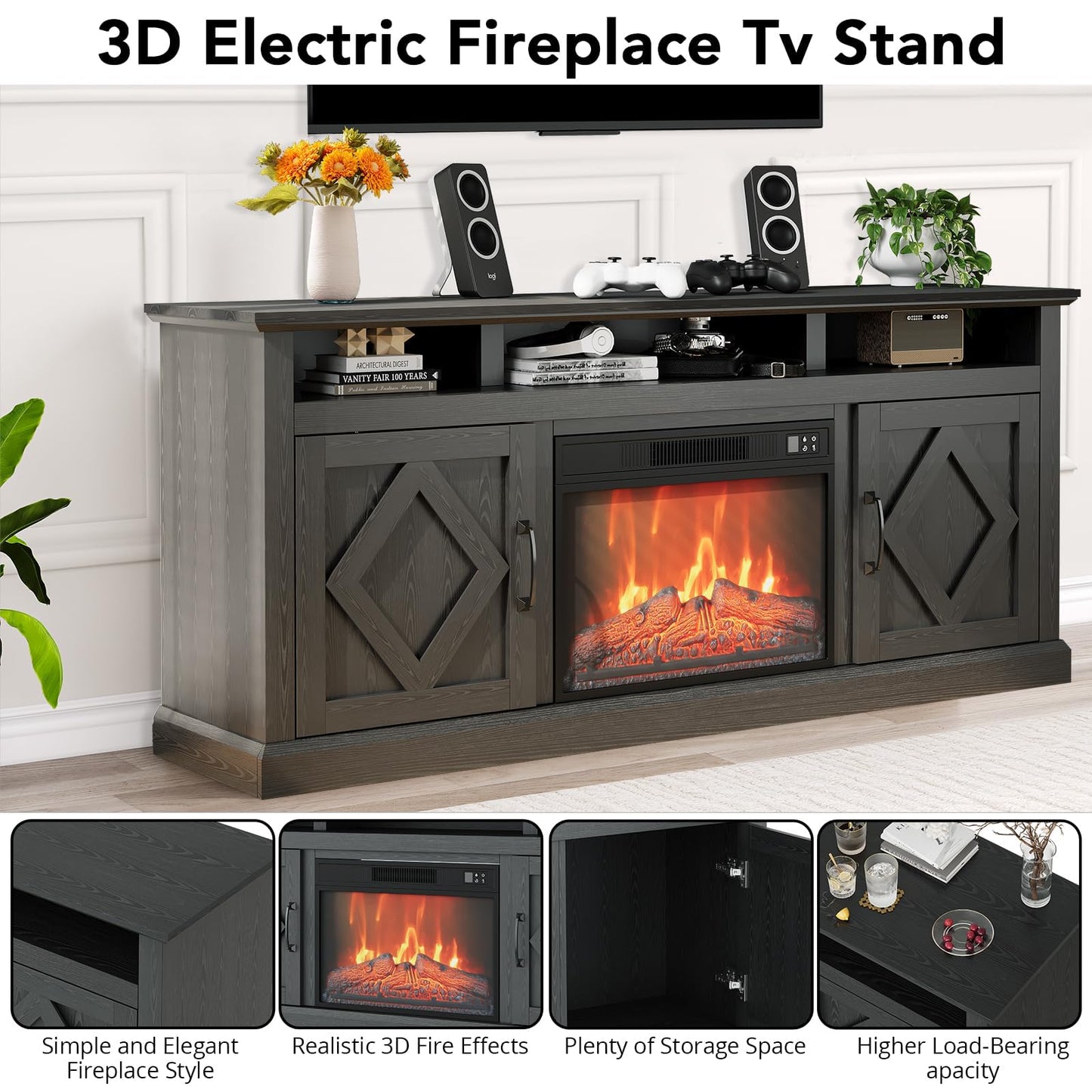 Farmhouse TV Stand with 23" Electric Fireplace for TVs Up to 65", Rustic Sliding Barn Door Entertainment Center with Storage, Remote Control, 3D Flame, Timer & Overheat Protection