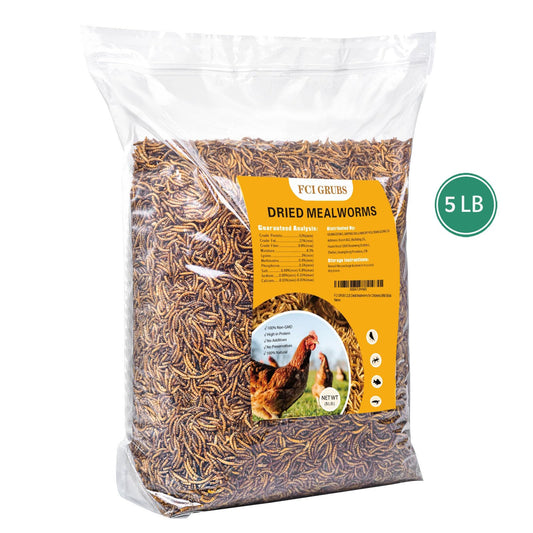 FCI GRUBS Dried Mealworms 5LB-High Protein Chicken Feed,More Protein,No Additives,Premium Organic Non-GMO,Rich in Protein Meal Worms for Chickens,Wild Birds,Laying Hens,Turkeys-Nutrient-Rich Mealworms