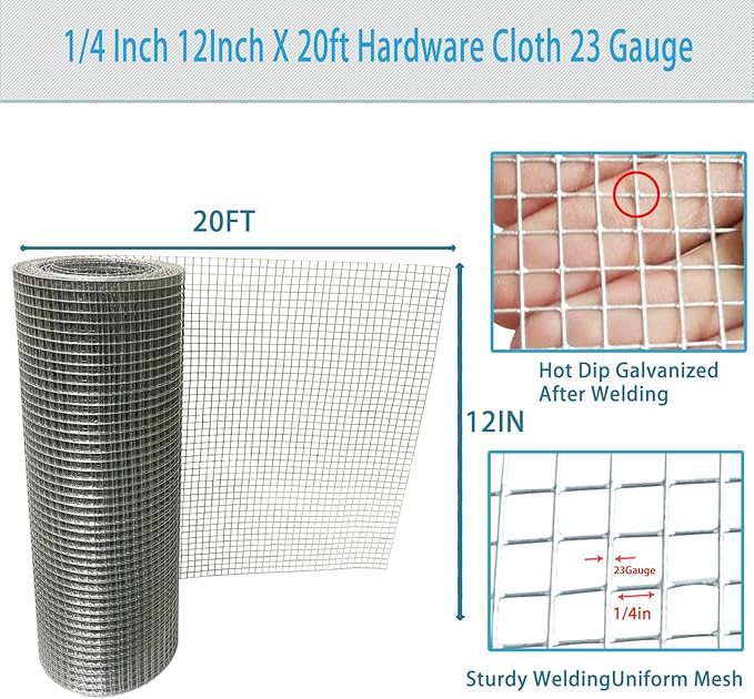 12in X 20ft Hardware Cloth 1/4 Inch, 23 Gauge, Hot-dip Galvanized After Welding, Chicken Wire Fence Garden Fencing Welded Wire Cloth Garden Fence Handicraft Making