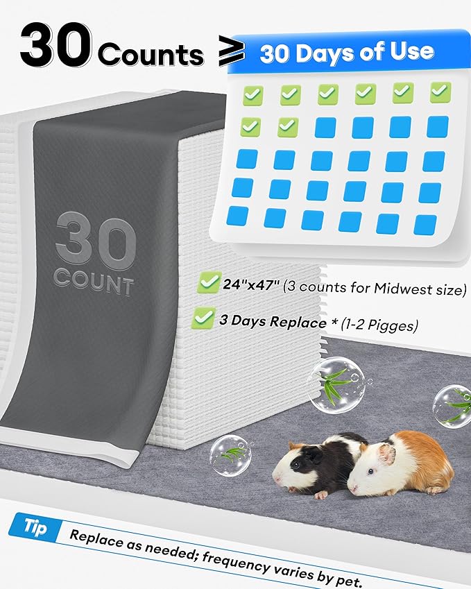 BUCATSTATE Disposable Guinea Pig Cage Liners 30 Count, Super Absorbent Guinea Pig Bedding, Bamboo Charcoal Odor Control Pee Pads for Rabbits, Ferrets and Birds (18''x24'')