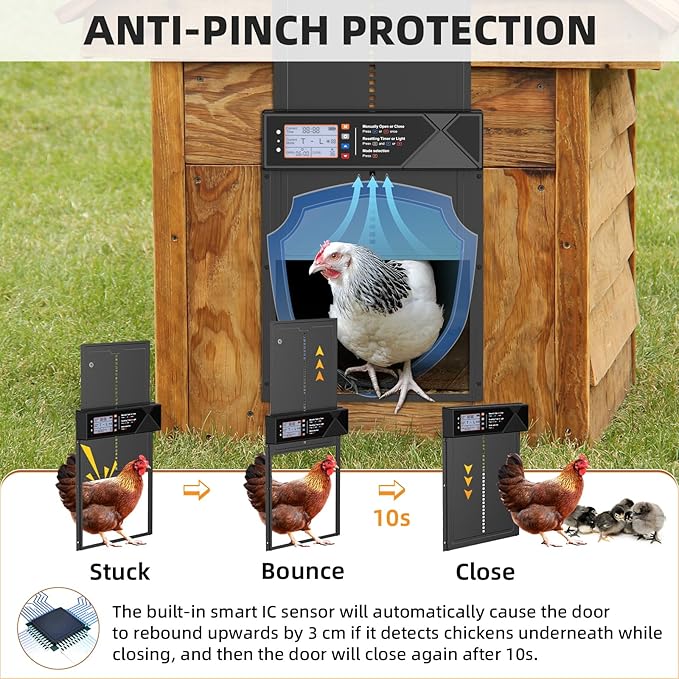 Automatic Chicken Coop Door, 4 Modes LCD Display Chicken Coop Door Solar Powered with Timer & Light Sensor, Aluminum Alloy Automatic Chicken Door with Anti-Pinch, IPX45 Waterproof