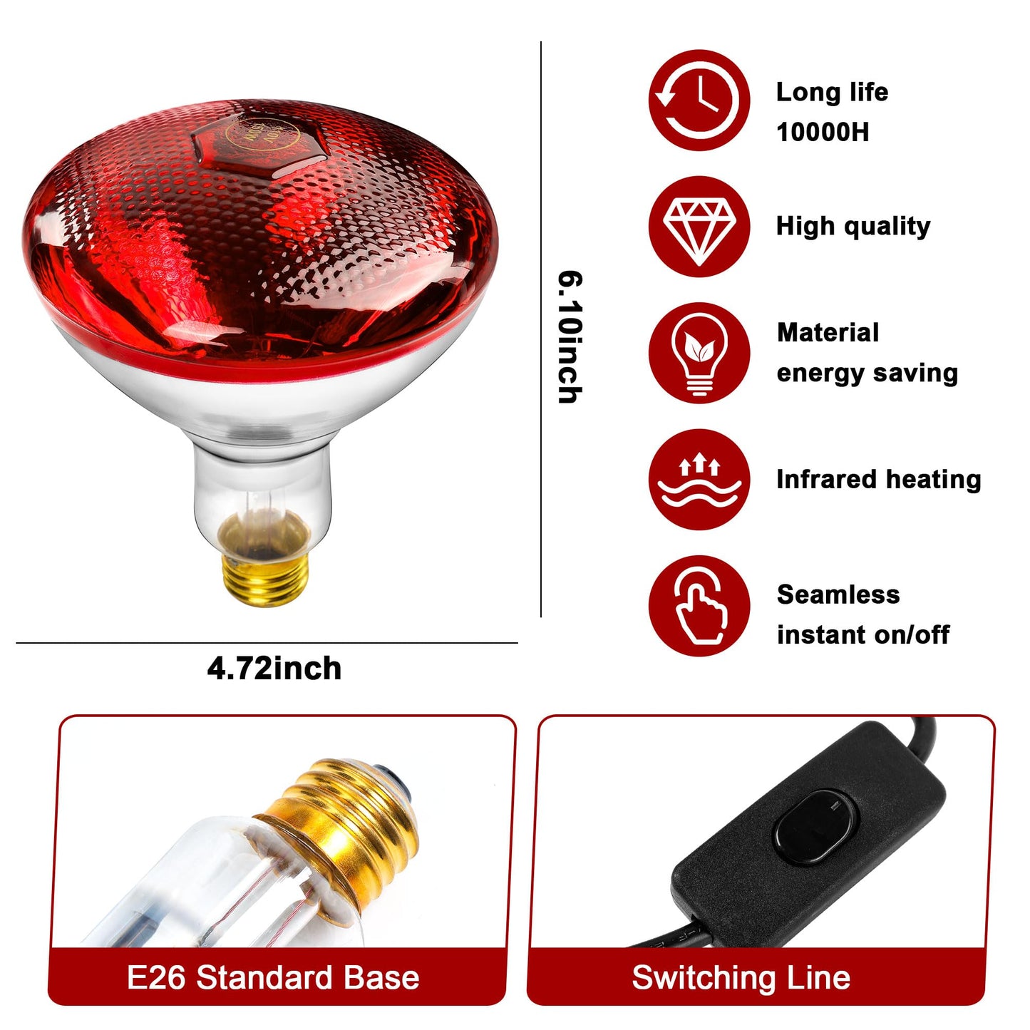 ROVOCLO Heat Lamp for Chickens,150W Red Heat Lamp Infrared Light Bulb for Chicks,Chicken Coop