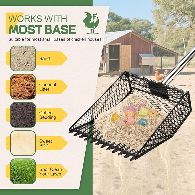 Updated Chicken Poop Scooper and Rake, 2-in-1 Chicken Coop Scoop Sand Rake, Stainless Steel Handle (43–73"), Litter Scooper & Sand Sifting Shovel, Good for Chicken Coops & Farm Animals Scoop