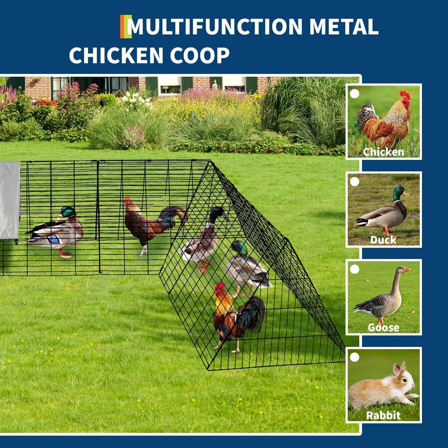 Metal Chicken Coop, Chicken Tunnels for Outside, Chicken Runs for Yard with Cover, Metal Poultry Cage for Hens, Ducks, Rabbits