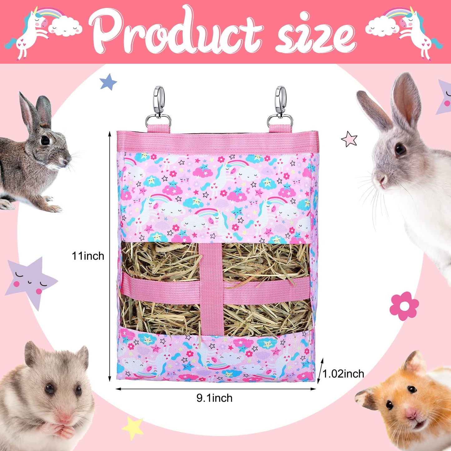 2 Pieces Guinea Pig Hay Bag Washable Pet Rabbit Hay Feeder Bag with 2 Holes Cute Small Animal Hanging Feeder Sack Storage for Rabbit Guinea Pig Chinchilla Hamster Small Pets (Mermaid, Unicorn)