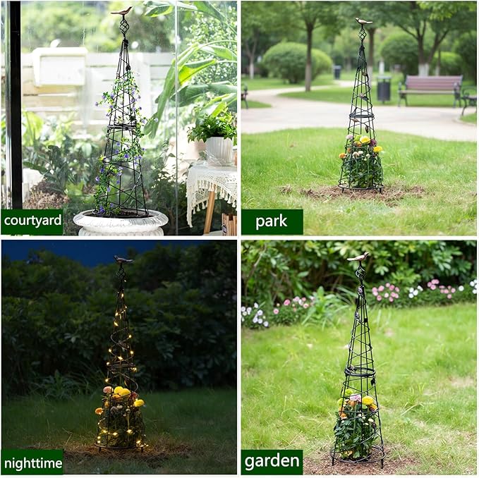 Garden Obelisk 40.5 Inch Metal Trellis for Climbing Plants - Sturdy Support for Rose Bushes & Tall Vines, Featuring Decorative Bird and Leaf Elements, Perfect for Garden Decor