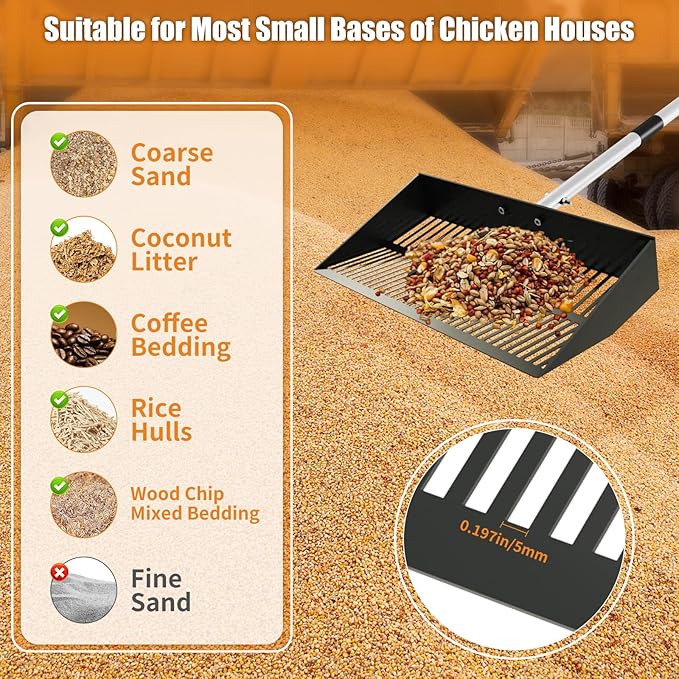 Chicken Poop Scooper, 15 Inch Wide 37 to 63 Inch Adjustable Chicken Coop Scoop for Sand with Work Clothes, Black Metal Multifunctional Sifting Shovel for Chicken Run, Animal Farm