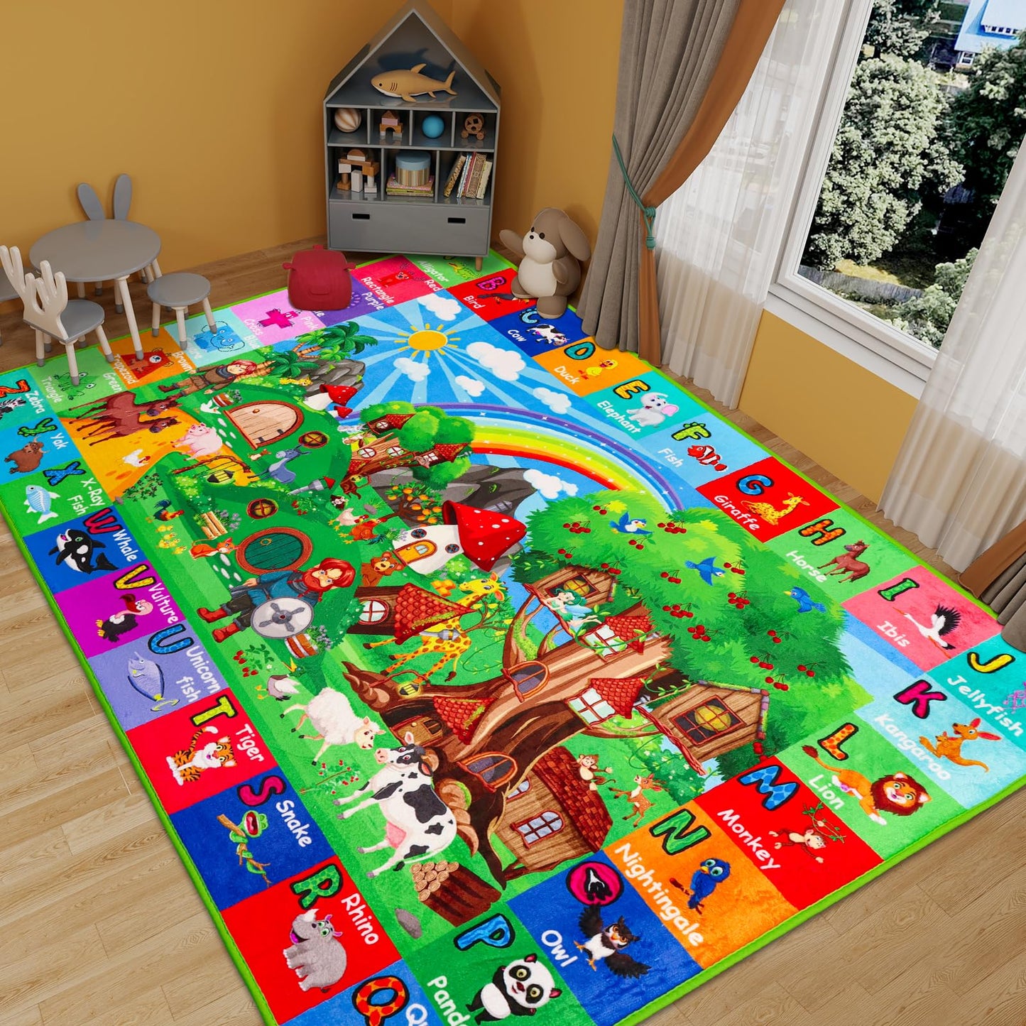 ABC Kids Rug for Playroom 78.7"×59" Hobbit House Educational Kids Playmat Alphabet Animal & Shape Learning, Premium Non-Slip Playmat for Toddlers Letters Farm Animals Color Foam Classroom Carpet