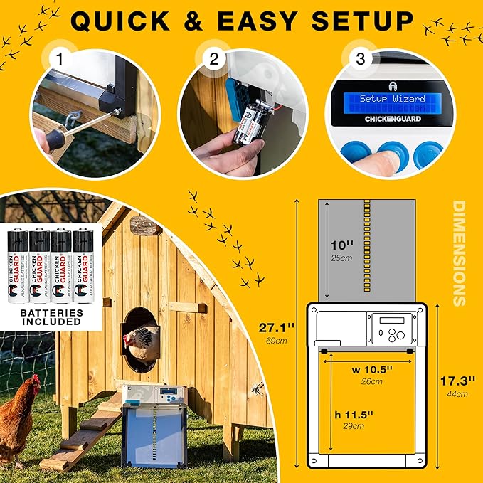 Automatic Chicken Coop Door Opener, ChickenGuard One in All 4 Colours, Timer/Light Sensing, Winter Mode, Auto-Stop & Predator Proof, 3 Power Options, Solar, Battery or Electric (Gray + Batteries)
