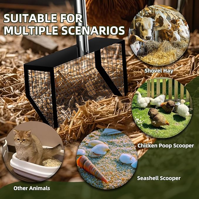 Chicken Coop Rake and Scoop 2-in-1 Chicken Poop Scooper 62" Adjustable Stainless Steel Sifting Shovel for Sand,Animal Waste Heavy Duty Dog Pooper Scooper for Coops & Pets