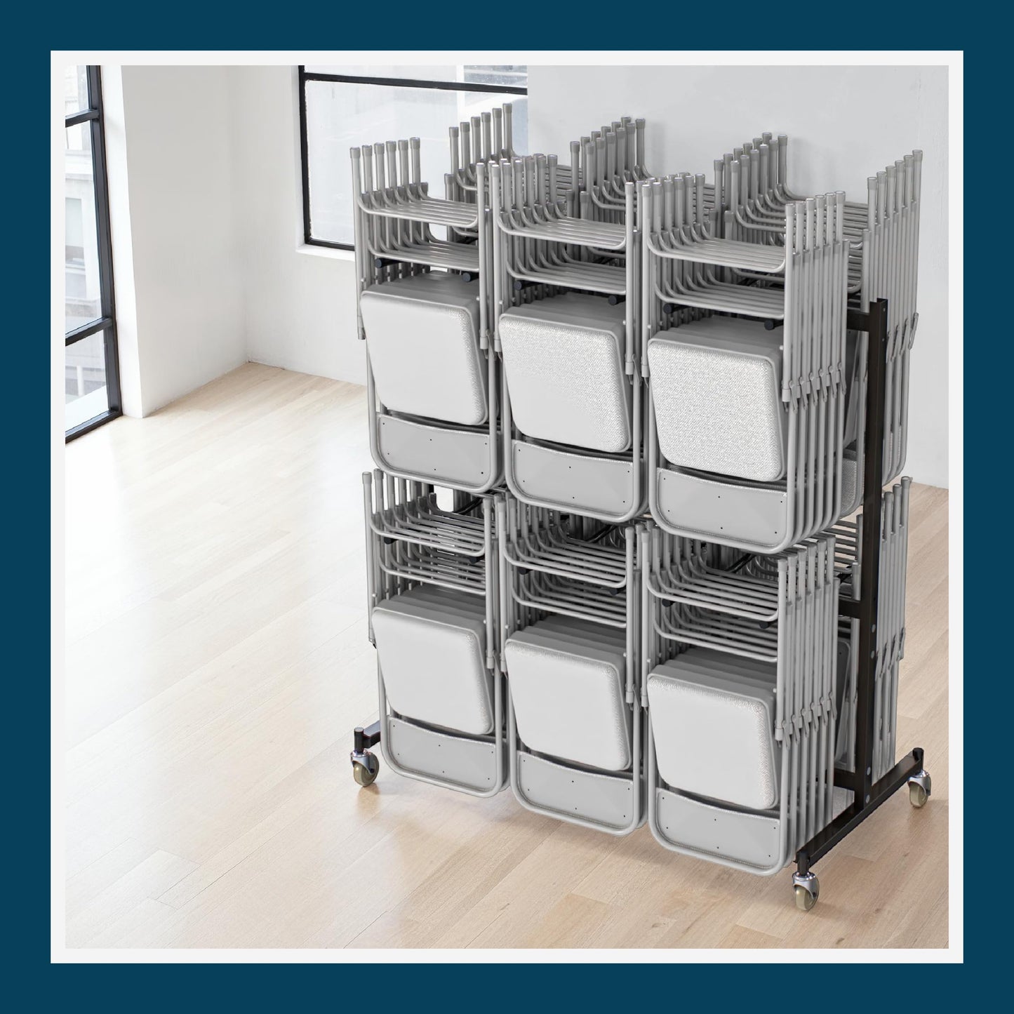 OEF Furnishings OEF84 Series Folding Chair Cart – Heavy-Duty Two-Tier Steel Dolly Rack with Wheels (84 Chairs, Standard Height, Hanging Storage)
