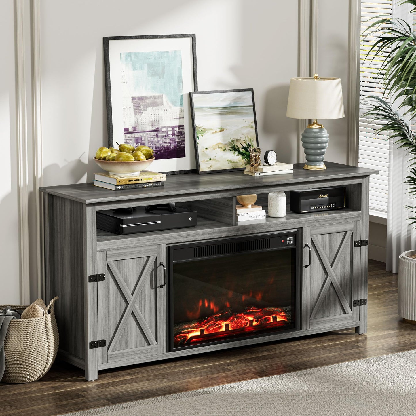 YESHOMY Fireplace TV Stand for Television up to 65+ Inch with Storage and Farmhouse Barn Doors, Entertainment Center with Cabinet and Shelves, Media Console for Living Room, Gray Wash