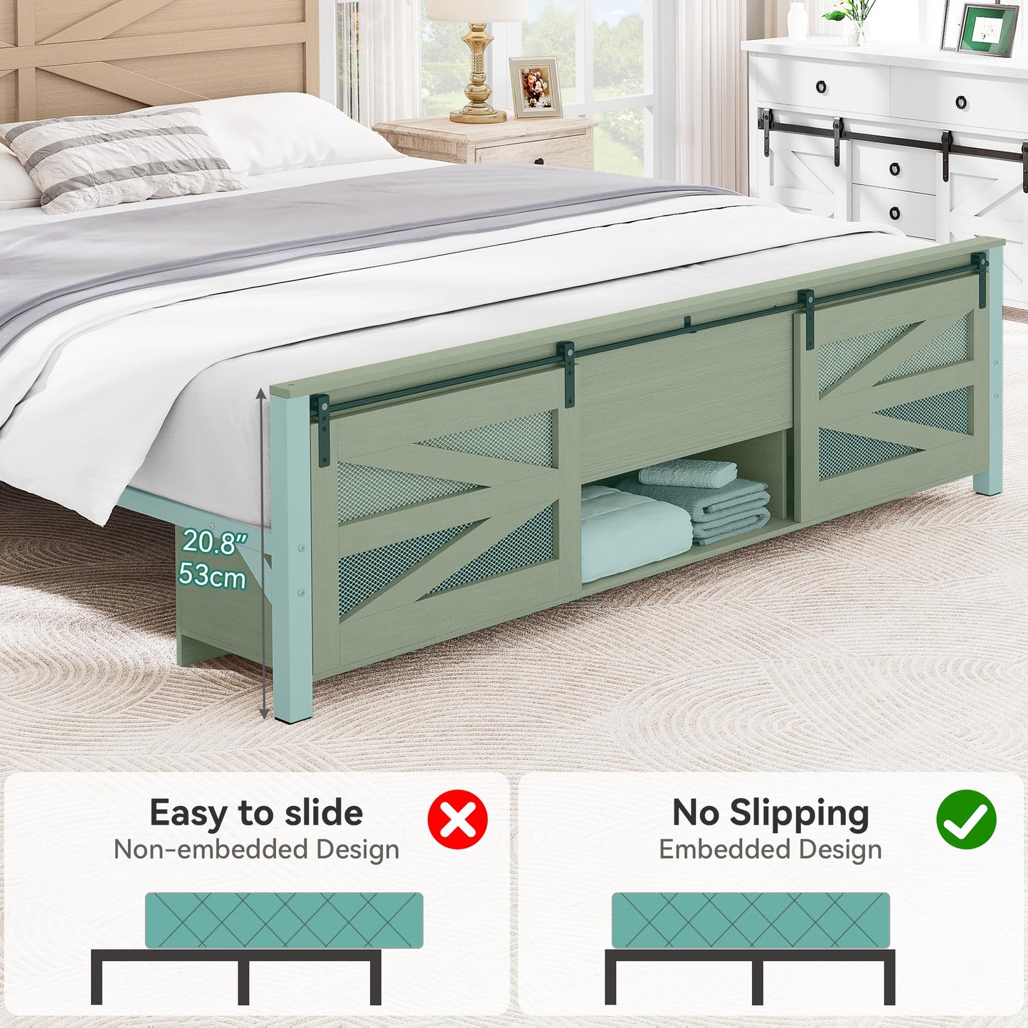 YITAHOME King Size Farmhouse Bed Frame with Sliding Barn Door Storage Cabinets,Platform Bed Frame with 47.2" Headboard, Solid Metal Slats Support, Noiseless, No Box Spring Needed,Oak