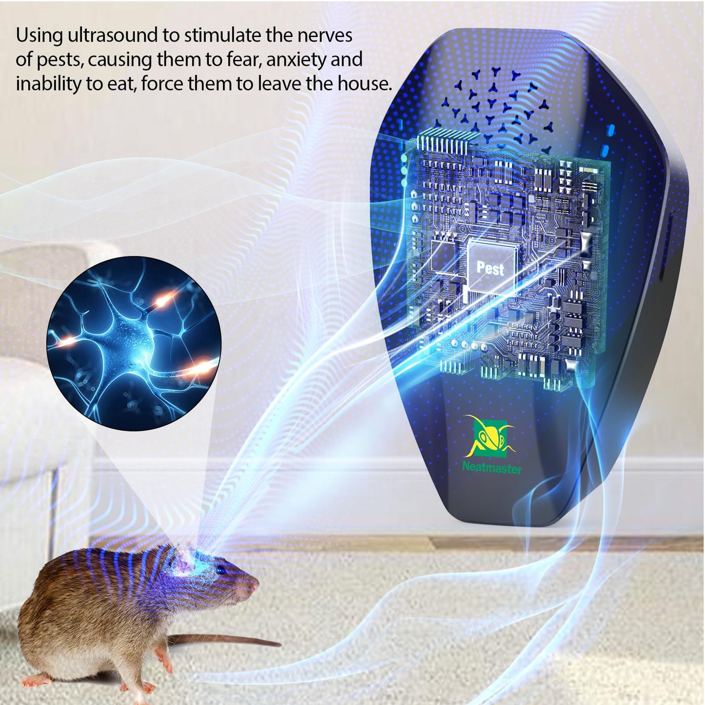 Neatmaster Ultrasonic Repeller & Insect Indoor Repeller, Electronic Ultrasonic Plug in Repellent for Roach, Mosquito, Mice, Spider, Ant, Flea, Bug, Pest Deterrent for House Garage Office Hotel