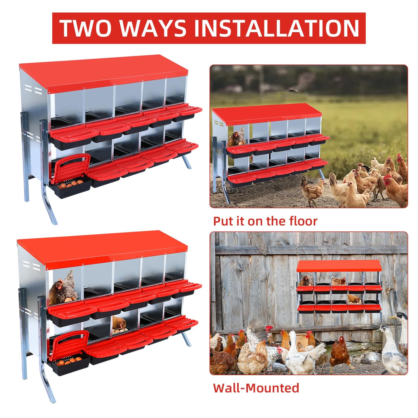 Chicken Nesting Box, 2-Tier Chicken Laying Boxes for Hens, 10 Compartments Chicken Laying Box, 10 Room Metal Nesting Boxes for Chicken, Roll Away Nest Box with Lid Cover to Protect Eggs, 10 Hole, Red