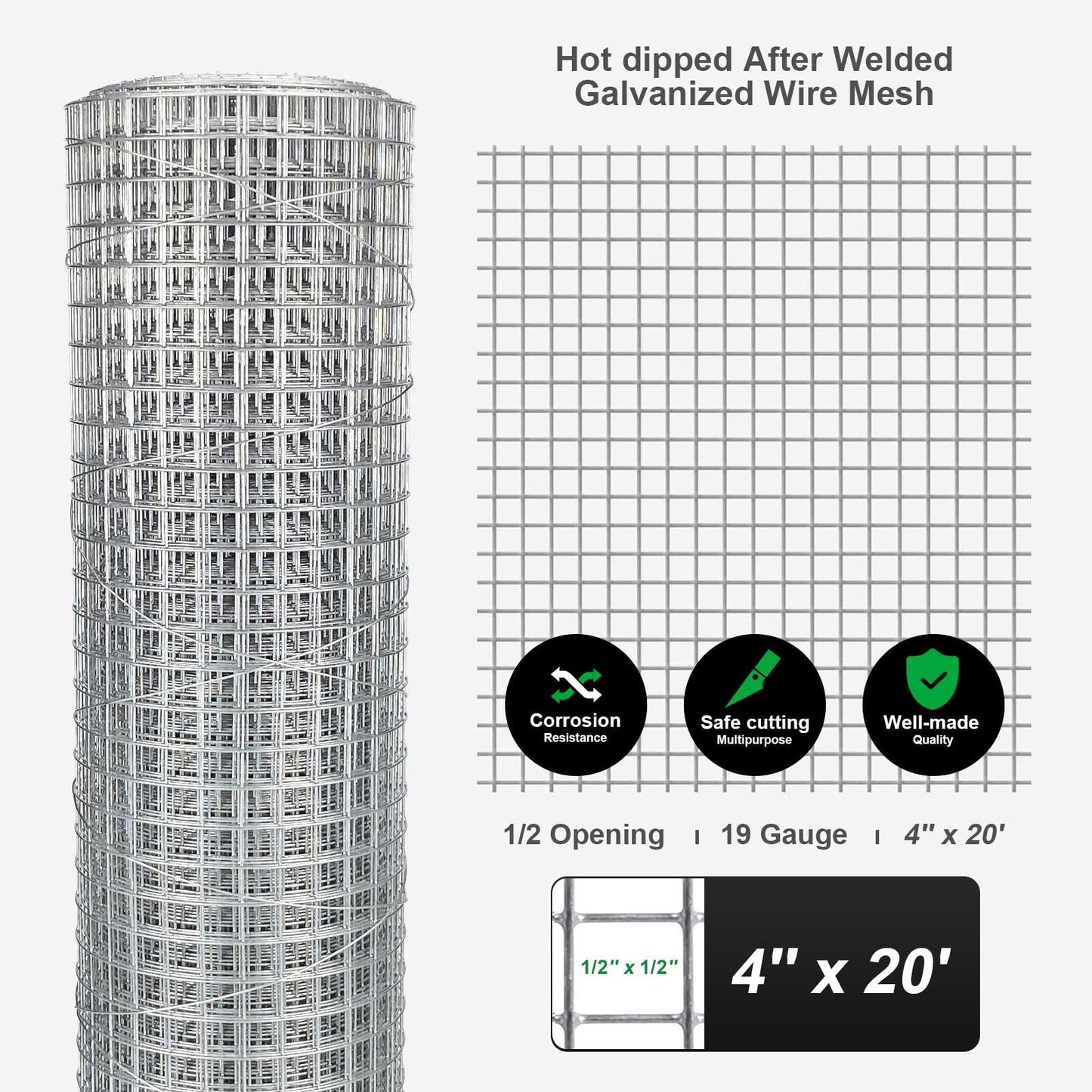 Hardware Cloth 4'' x 20' 1/2 in Galvanized Wire Mesh Roll (19 GA) Chicken Wire Fence Roll for Chicken Pen/coop Fences, Screen mesh, Rabbit/Snake Fences, Poultry enclosures, Handicraft Making, etc.