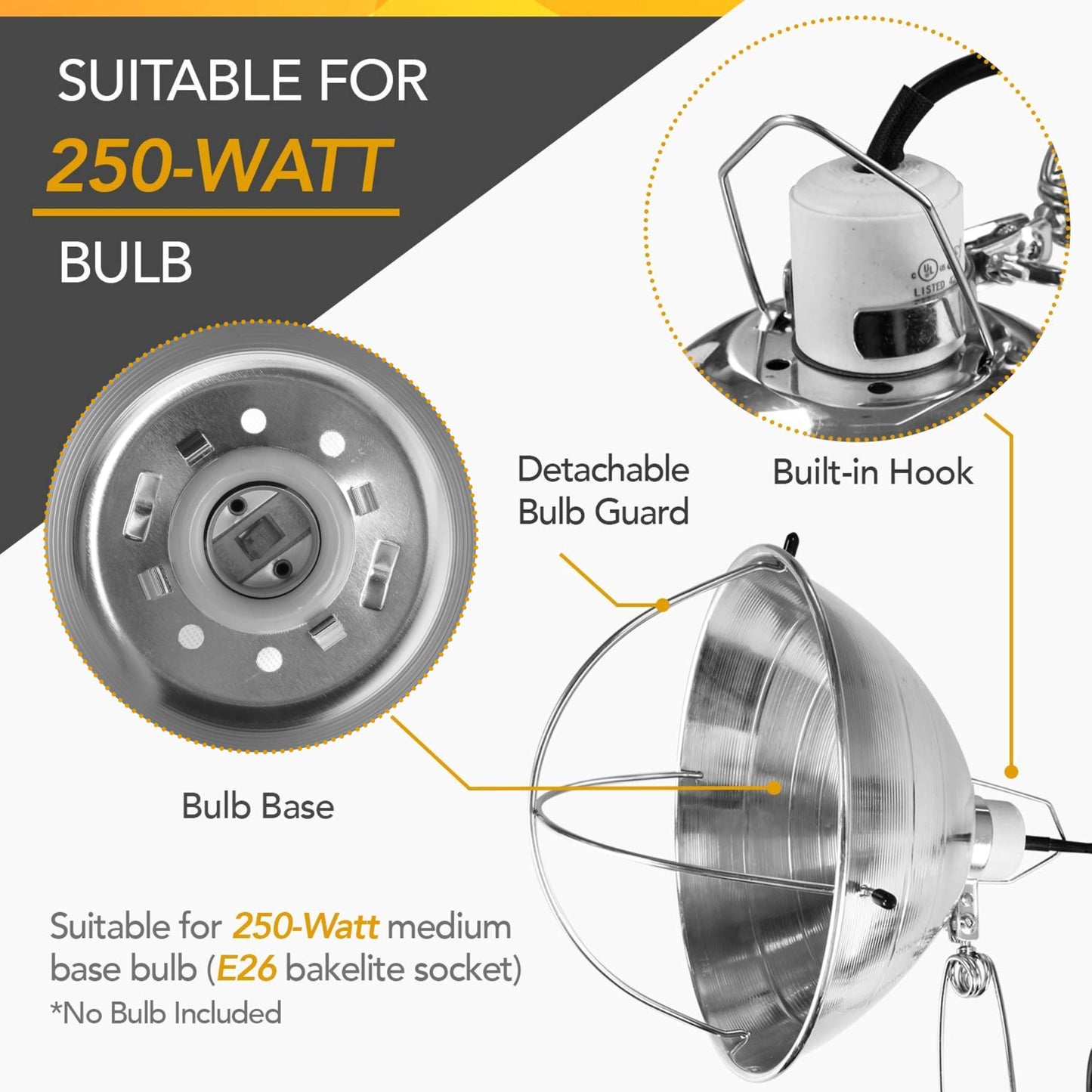 Simple Deluxe Clamp Lamp Light Socket with 10.5 Inch Aluminum Reflector, Suit for Max 250 Watt Lamp (No Bulb Included) with 18/2-Gauge 6 Feet Cord, 1 Pack
