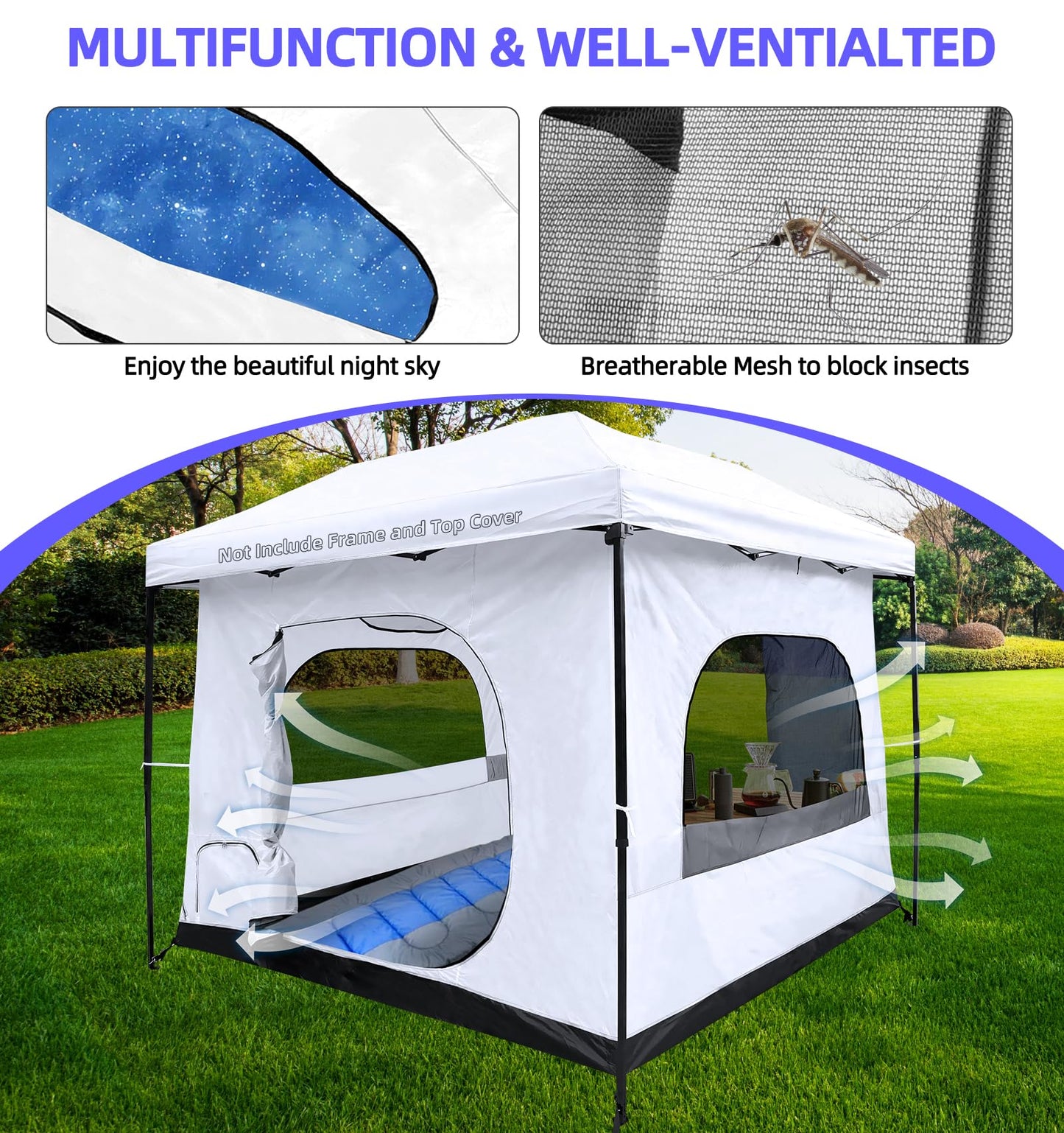 Joramoy Camping Cube for 10×10 Pop Up Canopy, Converts Straight Leg Canopy into Camping Inner Tent, Portable Vented Cube Tent with Full Floor(Frame/Top NOT Included)