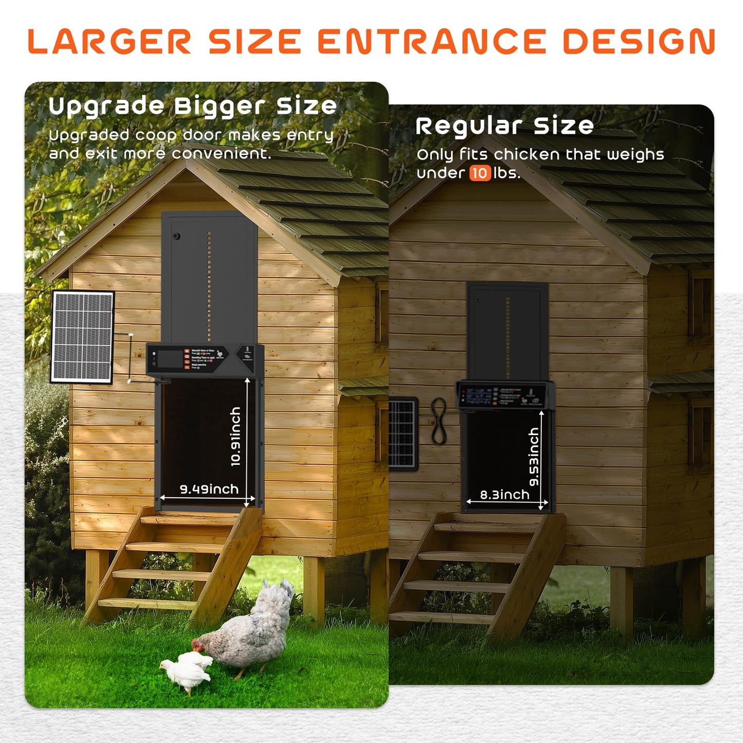 Large Automatic Chicken Coop Door, 4000mAh High Capacity Chicken Coop Door 7W Solar Powered with Timer & Light Sensor, Anti-Pinch Auto-Aluminum Chicken Door with Wire Clip & Remote Control-Black