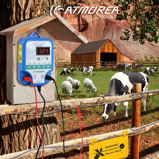 ATMOREA Electric Fence Charger - Multi-Powered, 12 kV 3 Joules High-Power Output Energizer with LED Display, Repels Large Wildlife - Ideal for Livestock, Pet, Poultry, Gardens, Orchards Protection