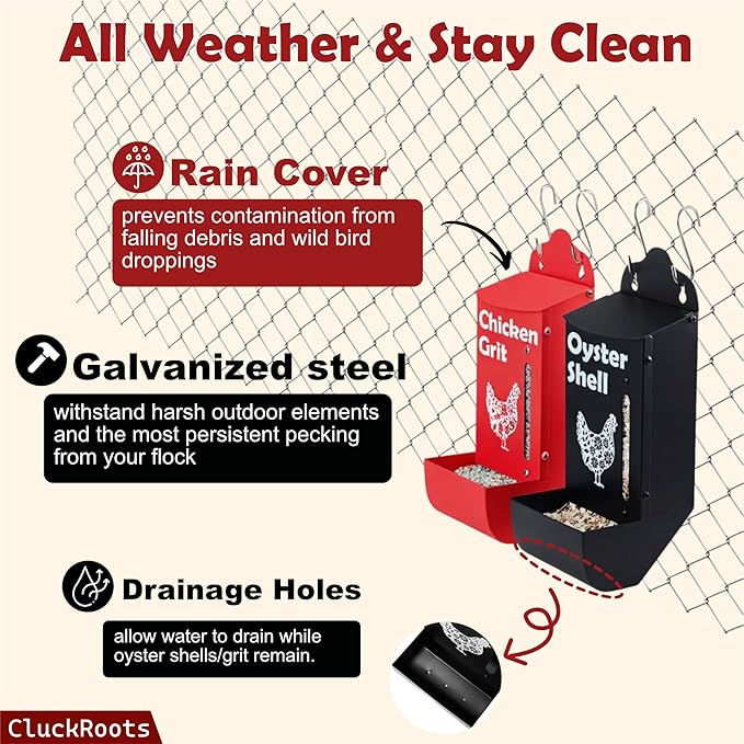 Chicken Coop Accessories Oyster Shell Feeder & Chicken Grit Feeder Set, No-Waste All‑Weather Thick‑Wall Design, Lift-Off Wall-Mounted Gravity Dispenser w/Rain Lid, Chickens Gifts for Chickens Lovers