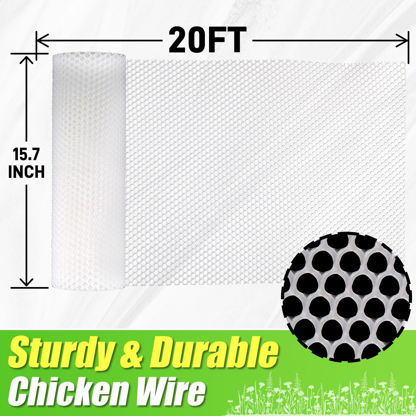 White Plastic Wire Mesh Fence Roll - 15.7IN x 20FT Plastic Chicken Wire Mesh for Poultry， Chicken Puppy Rabbit, Floral, Plastic Fence