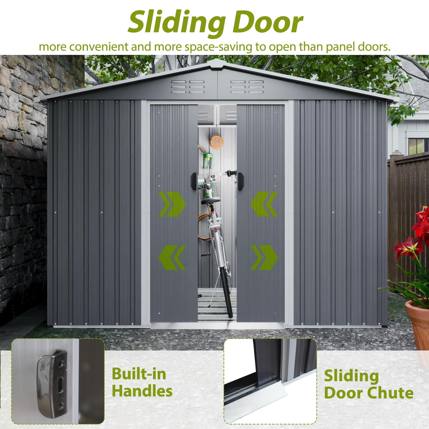 KEIKI Storage Shed 8x6 FT, Large Metal Tool Shed for Outdoor Storage, Galvanized Steel Garden Shed with Floor & Lockable Sliding Doors for Patio, Backyard, Lawn, Grey