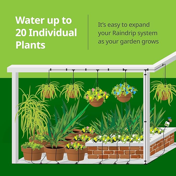 Raindrip R560DP Automatic Drip Irrigation Watering Kit with Customizable Timer for Containers and Hanging Baskets, Waters up to 20 Plants, Includes 20 PC Drippers, Black