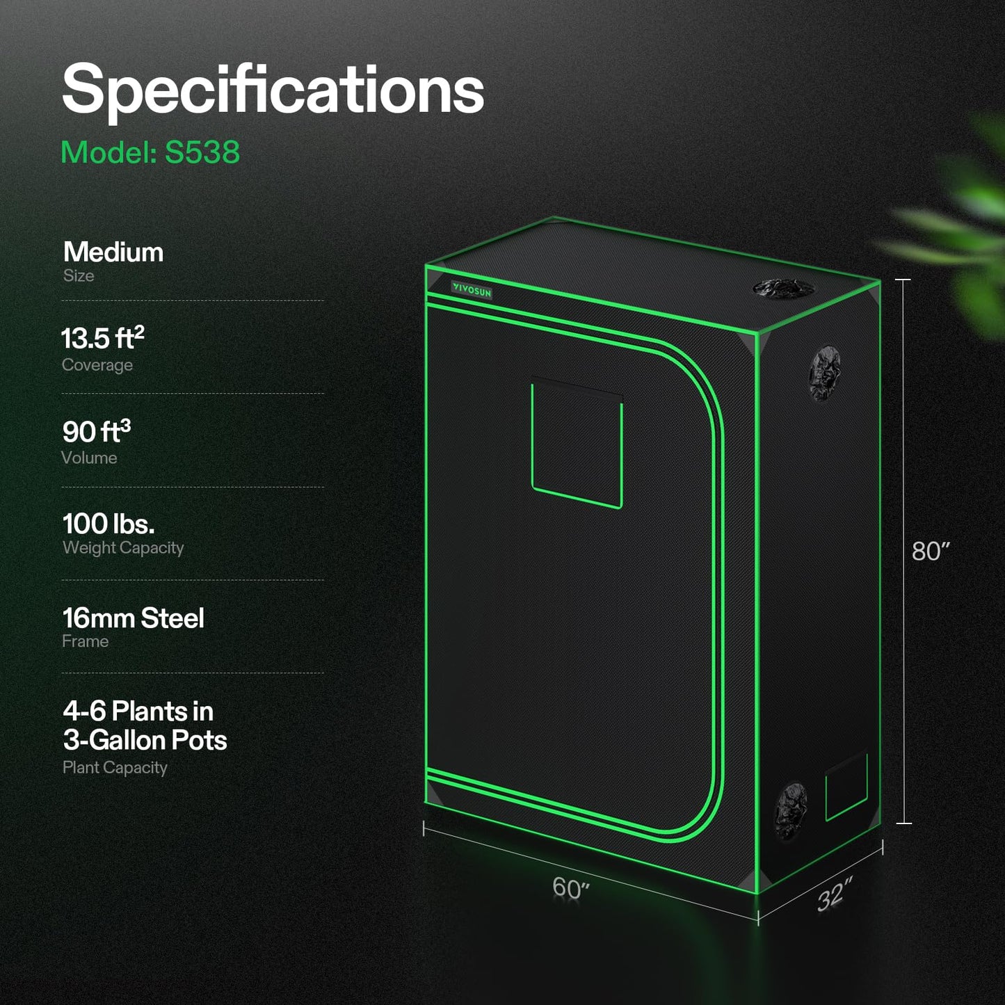 VIVOSUN S538 5x2 Grow Tent, 60"x32"x80" High Reflective Mylar with Observation Window and Floor Tray for Hydroponics Indoor Plant for VS2000/VSF4300