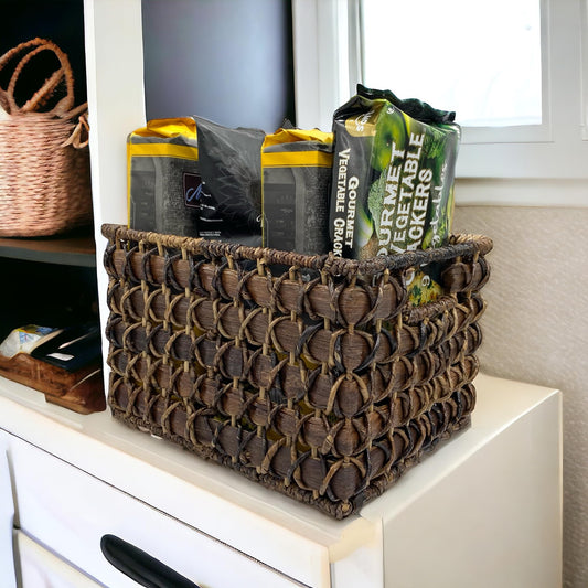 Wrightmart Basket Set of 3, Handwoven Natural Abaca and Wicker Storage Basket for Organizing, Durable Milk Crate Style for Pantry, Bookshelf, Kitchen, Livingroom Decor, Size: 12" x 10" x 8"