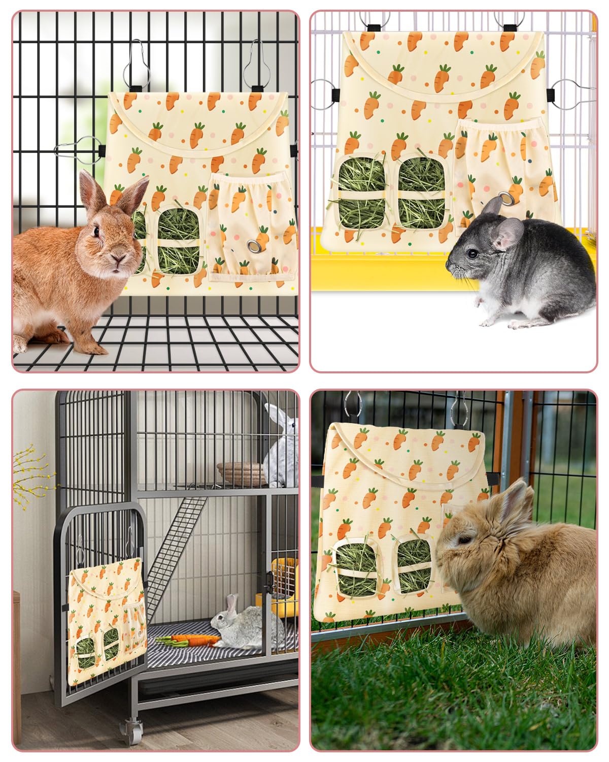 Bissap Rabbit Hay Feeder Bag, 2 Holes Hanging Hay Feeder Guinea Pig Hay Bag with Side Pocket for Rabbits Bunny Chinchillas Hamsters Rats and Other Small Pets Small Animal - Beige
