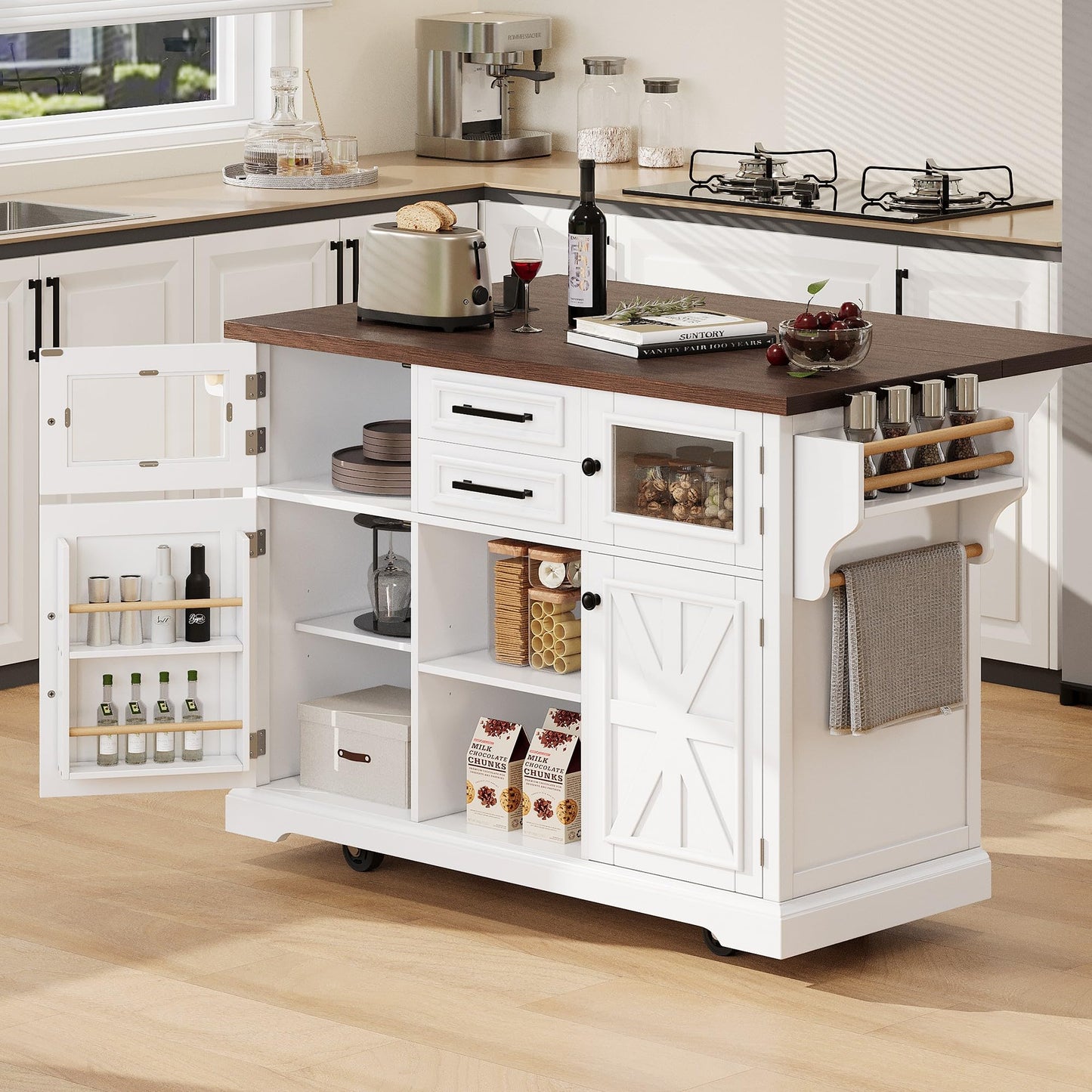 Merax 54.9" Kitchen Island with Drop Leaf, Power Outlet, Rolling Kitchen Storage Cart on 4 Wheels with 4 Door Shelves, Cross Barn Doors & Visual Glass Door for Dining Room, White