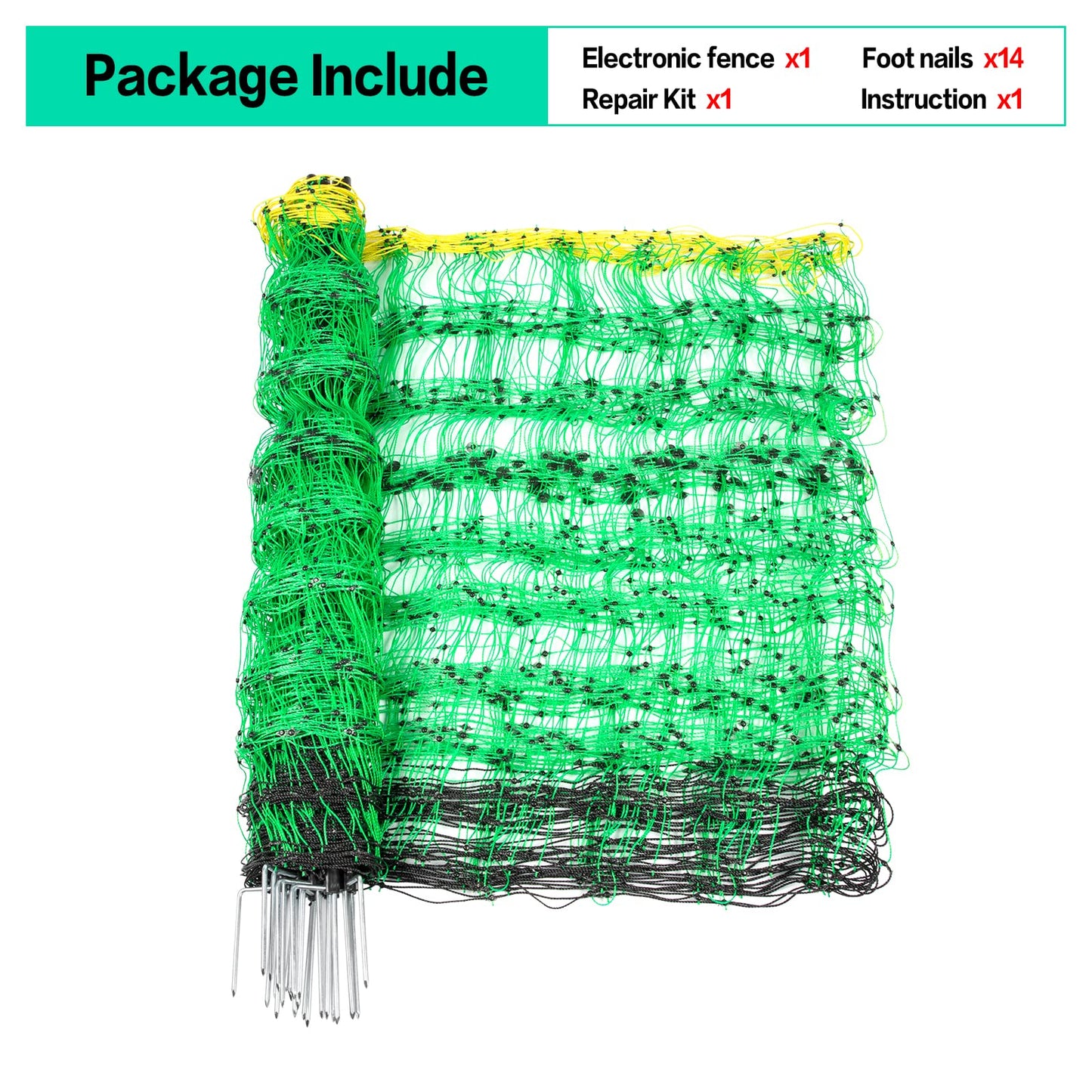 Electric Fence Netting, 49.6" H x 164' L, PE Net Fencing Kit with 14 Posts Double Spiked, Utility Portable Mesh for Sheep Hogs Goats Deer Dogs Lambs Used in Backyards Patio Farms Ranches, Green