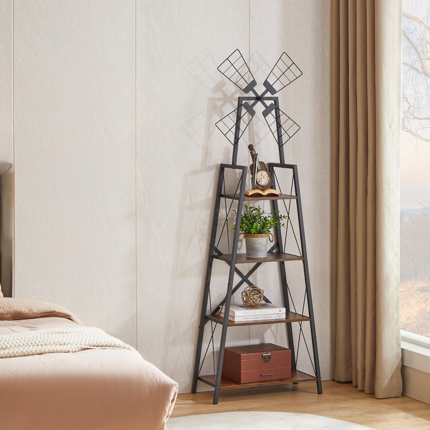 Hotity 4-Tier Rustic Windmill Ladder Bookshelf - Freestanding Industrial Storage Shelving Unit for Living Room, Bedroom, and Office