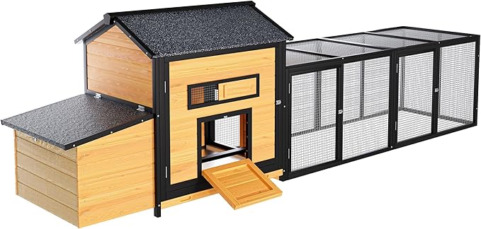 118" Large Wood Chicken Coop,Outdoor Hen House with Nesting Box Poultry Cage,Oversized Enclosed Run,Hen Coop with Leak-Proof Pull-Out Tray,Asphalt Roof & Free-Range Doors,Black+Gold