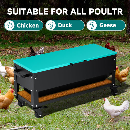 Heavy Duty Chicken Feeder 120 lbs Large Capacity, Metal Automatic Poultry Feeding Box with Waterproof Lid, Raised Standing Feeder with Wheels for Hens & Roosters, Portable & Easy to Move