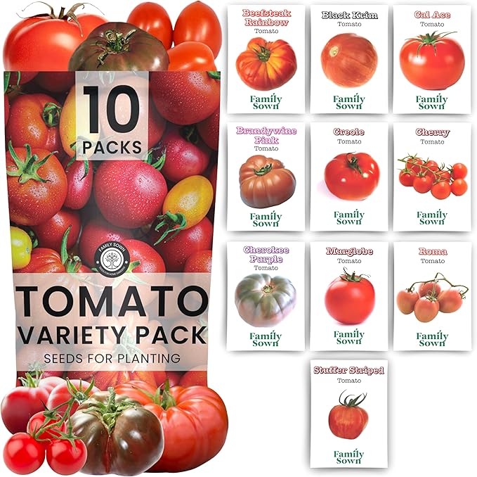 Tomato Seeds | 10 Invidiual Packs | 2025 Season | Non-GMO | Roma, Brandywine, Cherry & More! | for Planting Indoor & Outdoor | by Family Sown