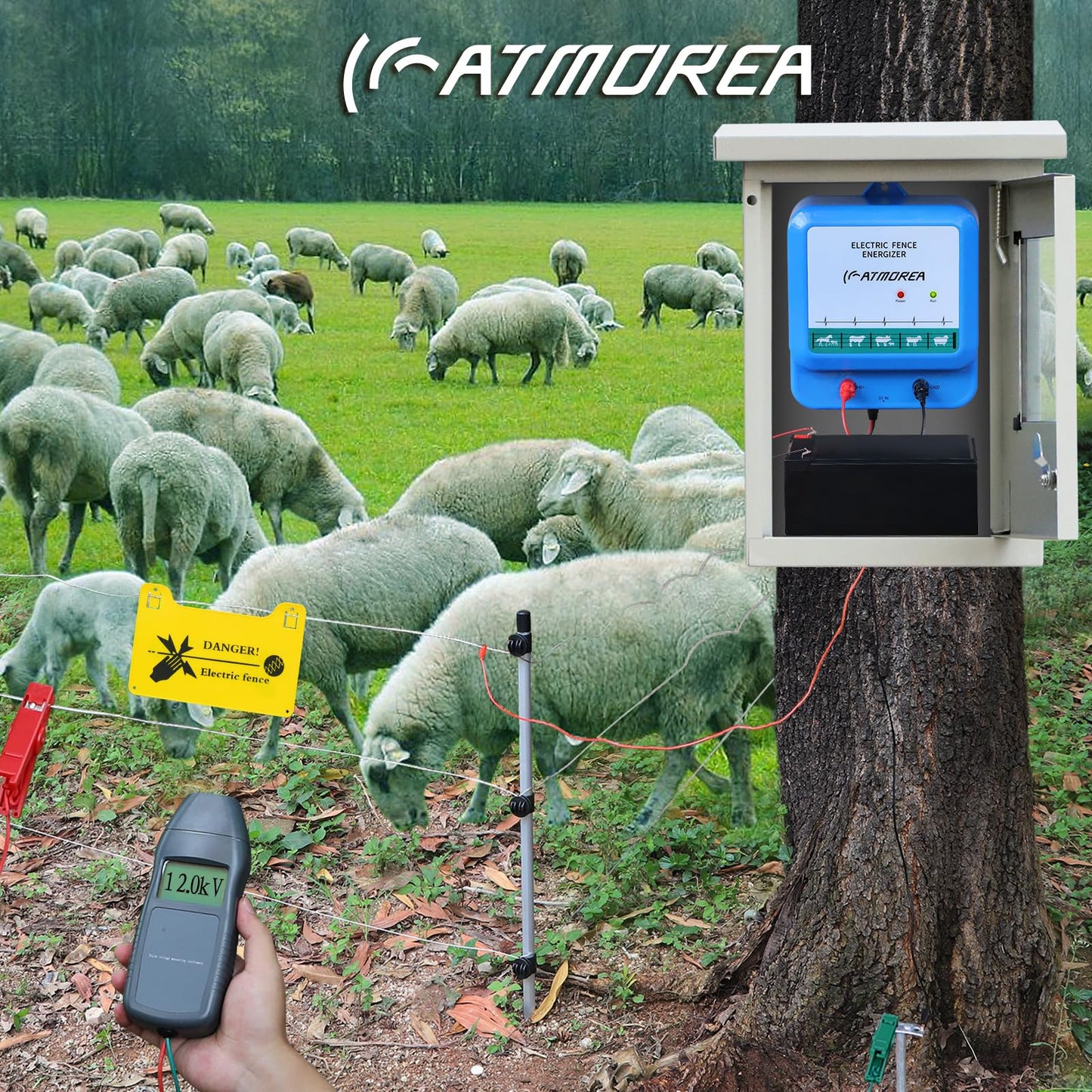 ATMOREA Electric Fence Charger - Multi-Powered, 4.5 Joules High-Power Output Energizer, Repels Large Wildlife - Ideal for Livestock, Pet, Poultry, Gardens, Orchards Protection
