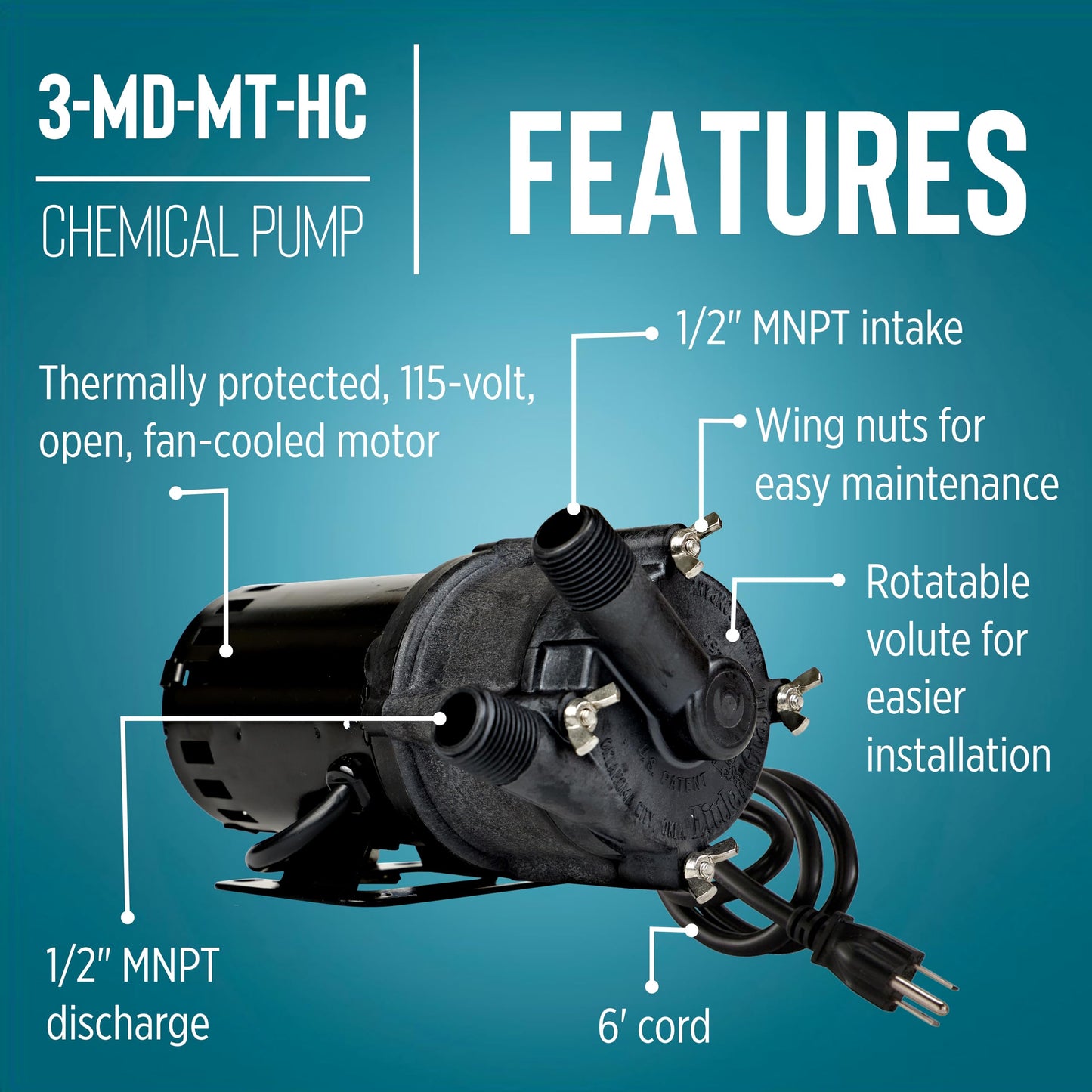 Little Giant 3-MD-MT-HC 115 Volt, 1/25 HP, 8.3 GPM Magnetic Drive Pump for Highly Corrosive Chemicals with 6-Ft. Power Cord, Black, 578603